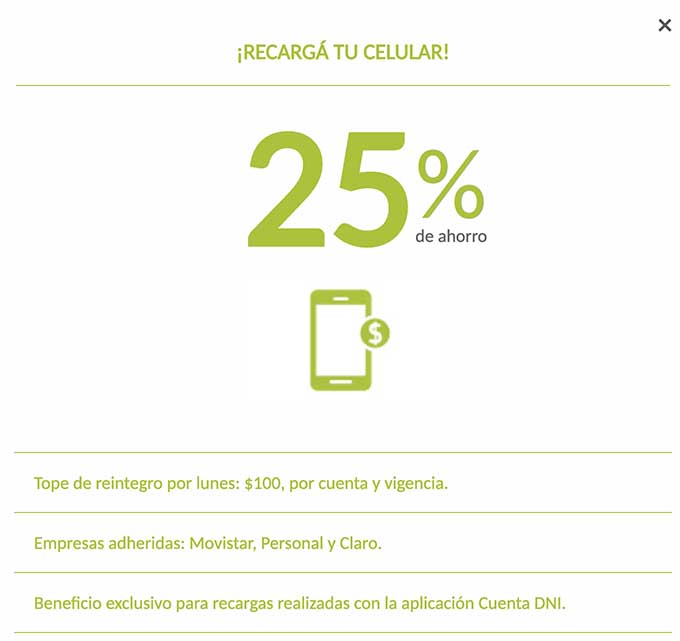 Actualmente hay activa otra promoción de hasta 25% de descuento para Recarga de Celular