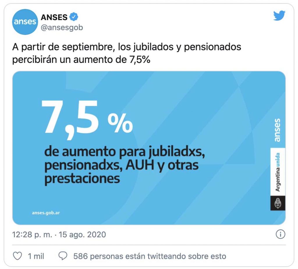 A partir de septiembre, los jubilados y pensionados percibirán un aumento de 7,5%