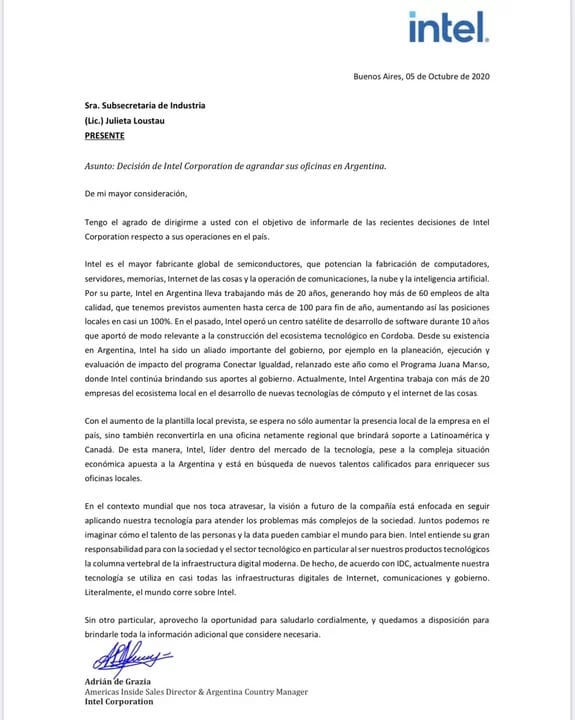 Comunicado de Intel a la Secretaria de Industria