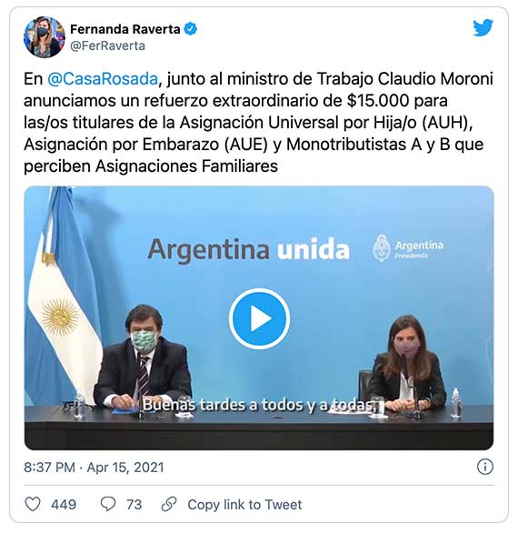 Tweet de Fernanda Raverta sobre el bono de $15.000